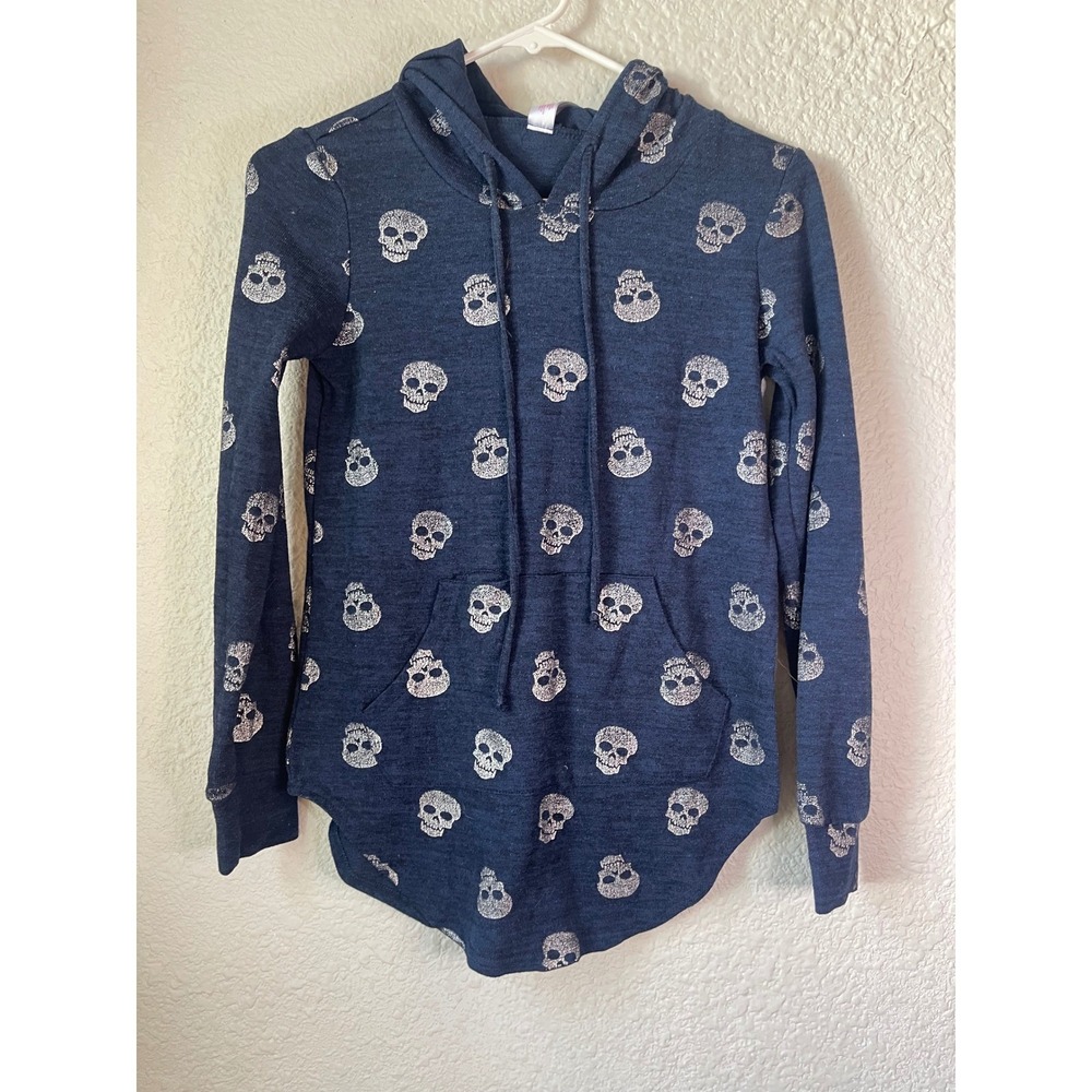 No Boundaries Skull Print Hoodie Blue Cove XS XCH Long Sleeve Pocket Hooded